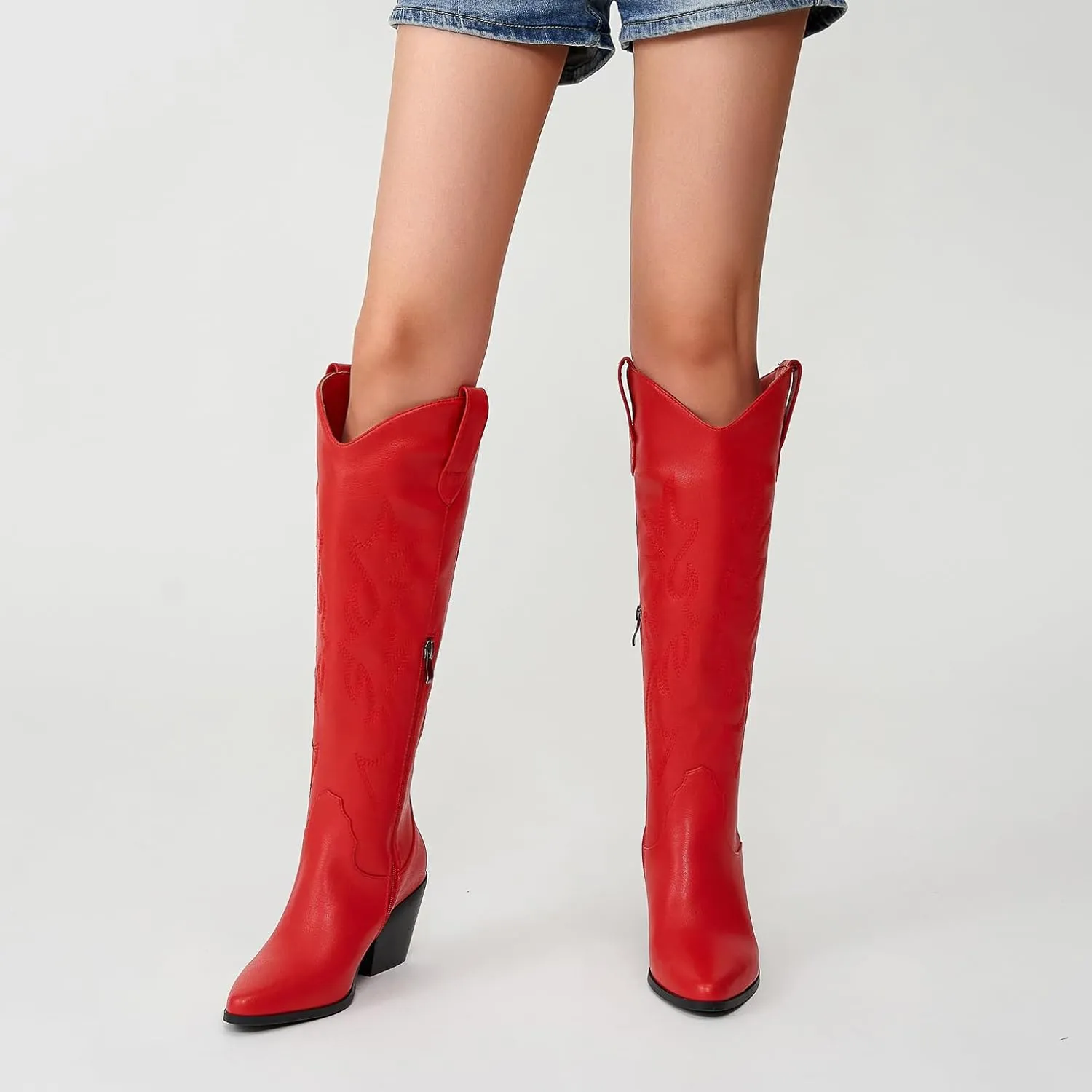 Cowgirl Boots Wide Calf Cowboy Boots Women Western Style Embroidered with Pointed Toe Chunky Heel Fashion Retro High Boot and Side Zipper Pull-On