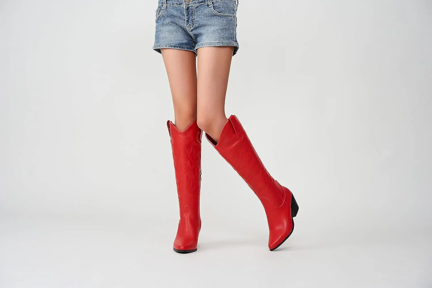 Cowgirl Boots Wide Calf Cowboy Boots Women Western Style Embroidered with Pointed Toe Chunky Heel Fashion Retro High Boot and Side Zipper Pull-On