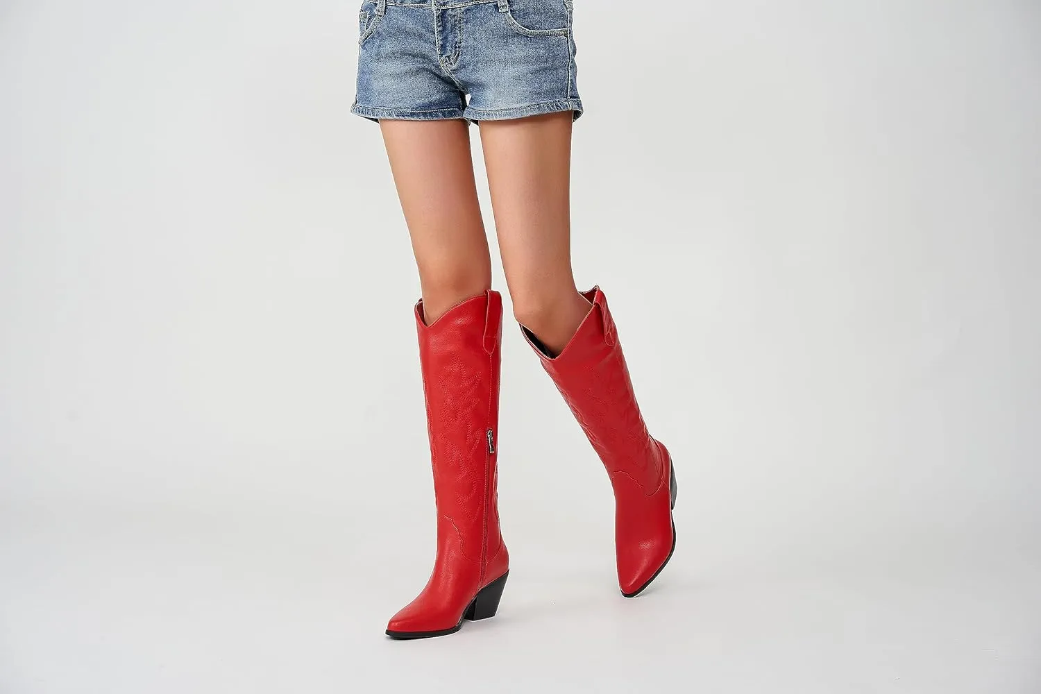 Cowgirl Boots Wide Calf Cowboy Boots Women Western Style Embroidered with Pointed Toe Chunky Heel Fashion Retro High Boot and Side Zipper Pull-On