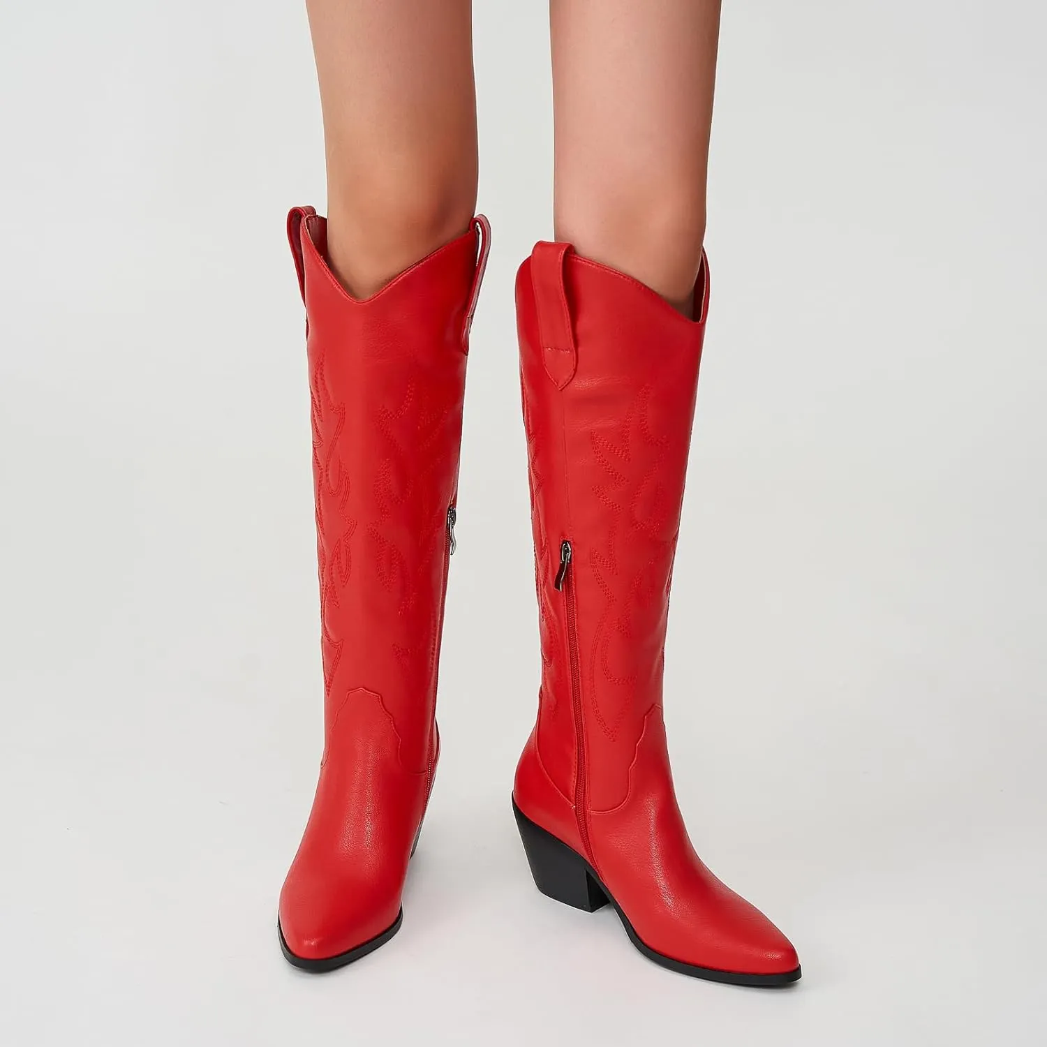 Cowgirl Boots Wide Calf Cowboy Boots Women Western Style Embroidered with Pointed Toe Chunky Heel Fashion Retro High Boot and Side Zipper Pull-On