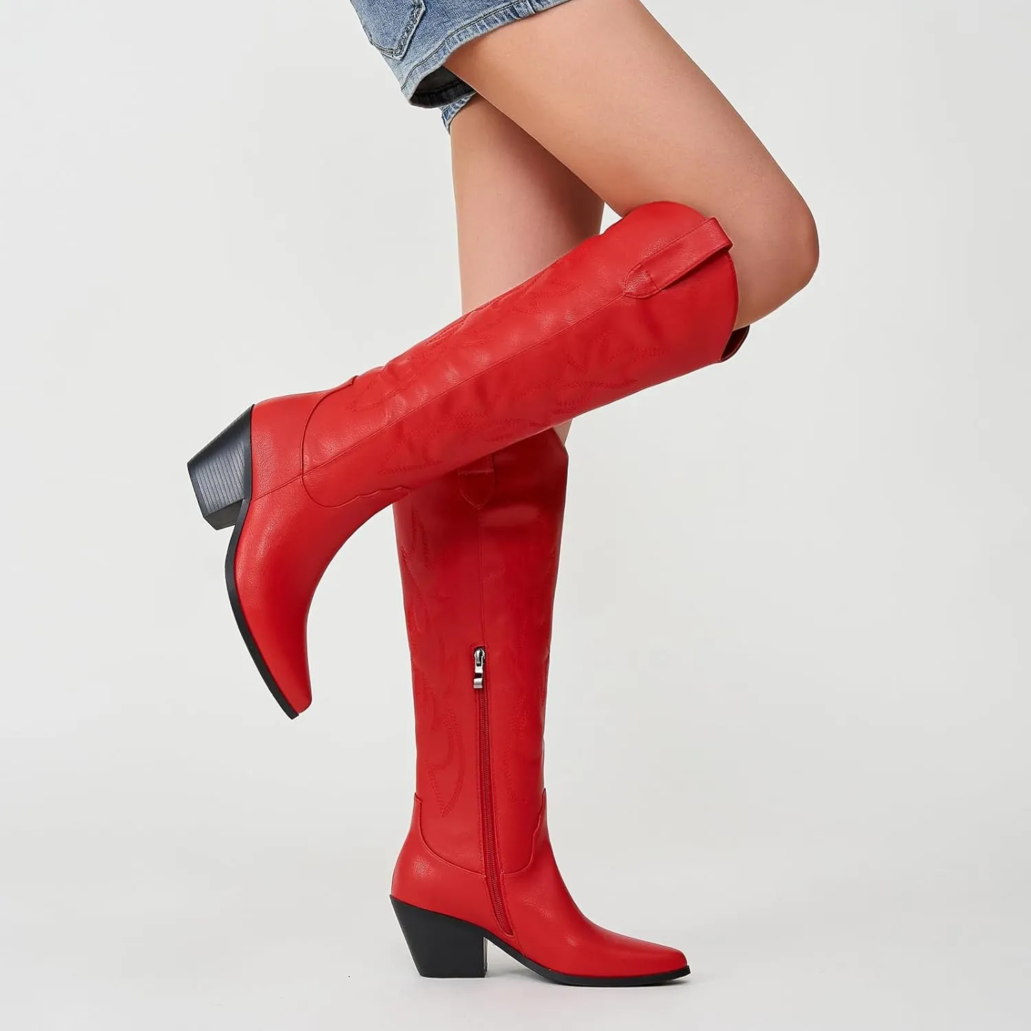 Cowgirl Boots Wide Calf Cowboy Boots Women Western Style Embroidered with Pointed Toe Chunky Heel Fashion Retro High Boot and Side Zipper Pull-On