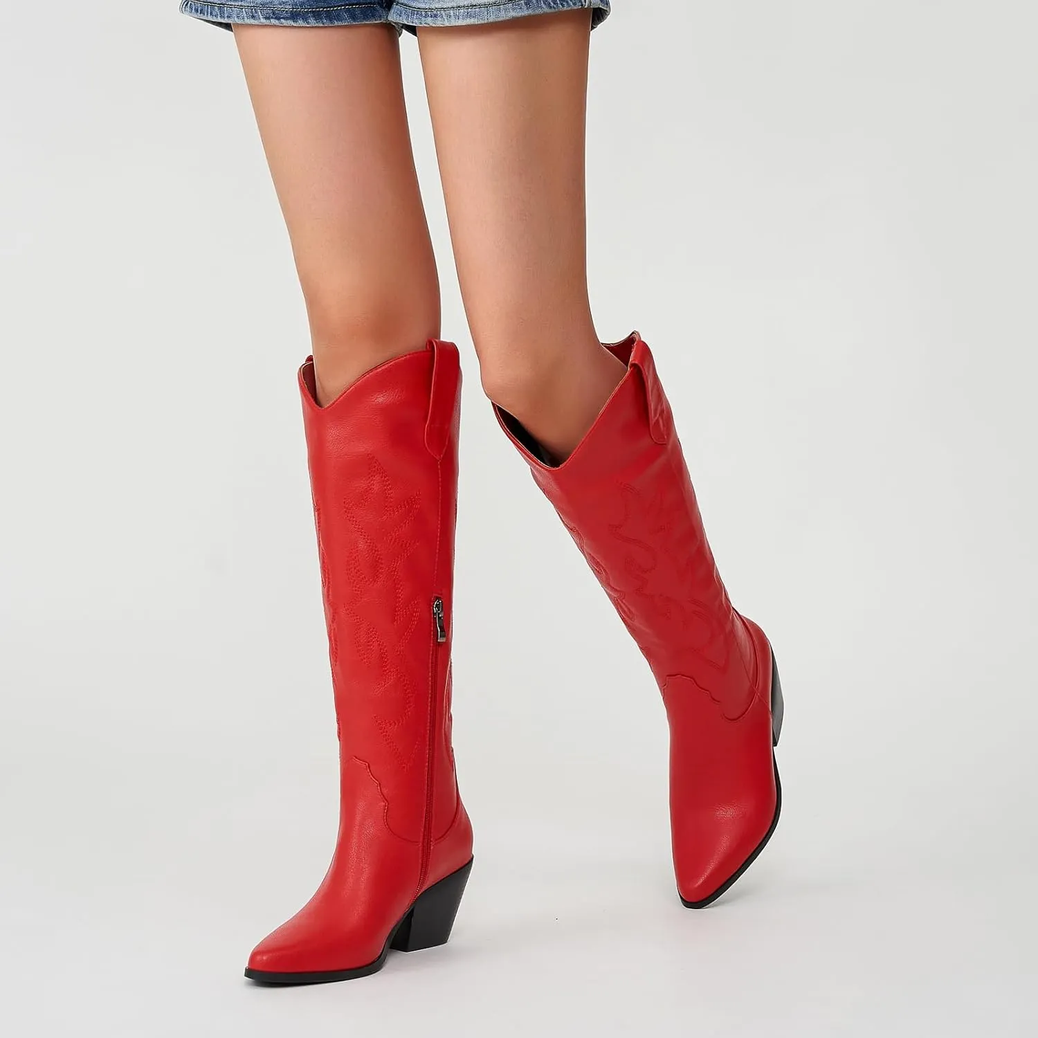 Cowgirl Boots Wide Calf Cowboy Boots Women Western Style Embroidered with Pointed Toe Chunky Heel Fashion Retro High Boot and Side Zipper Pull-On