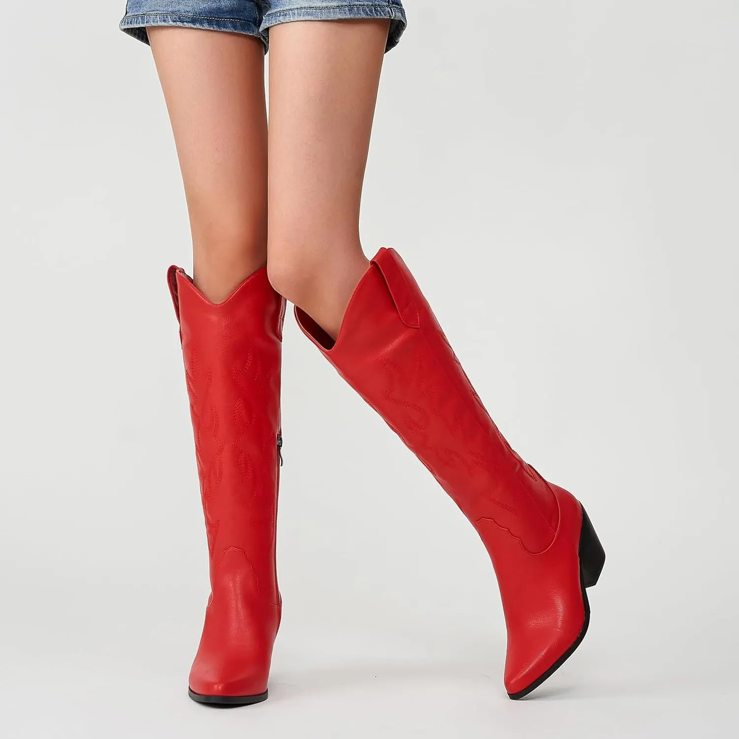 Cowgirl Boots Wide Calf Cowboy Boots Women Western Style Embroidered with Pointed Toe Chunky Heel Fashion Retro High Boot and Side Zipper Pull-On