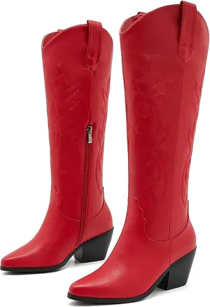Cowgirl Boots Wide Calf Cowboy Boots Women Western Style Embroidered with Pointed Toe Chunky Heel Fashion Retro High Boot and Side Zipper Pull-On