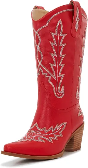 Cowgirl Boots Women – Western Mid-Calf Cowboy Boots, Pointy Toe, 3” Chunky Heel Fashion Embroidered Ladies Boots