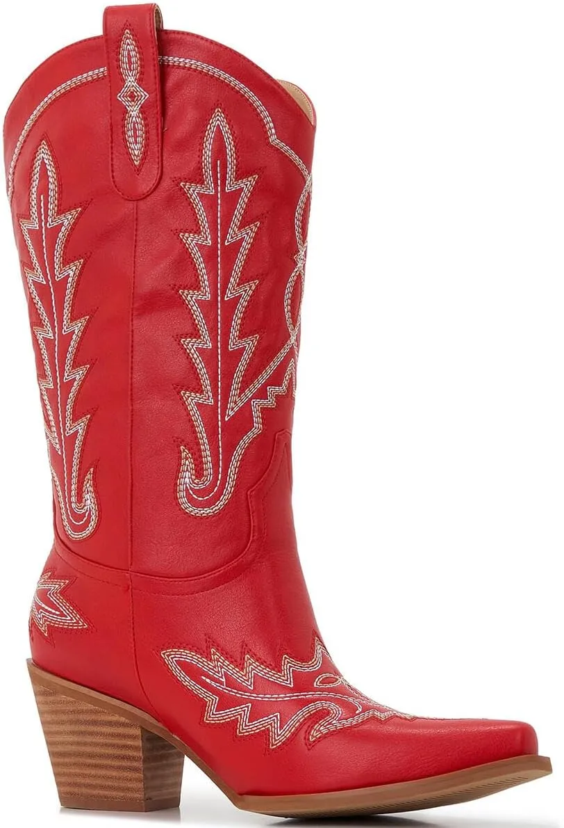 Cowgirl Boots Women – Western Mid-Calf Cowboy Boots, Pointy Toe, 3” Chunky Heel Fashion Embroidered Ladies Boots
