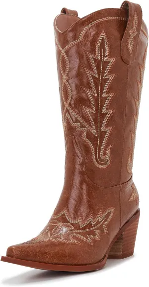 Cowgirl Boots Women – Western Mid-Calf Cowboy Boots, Pointy Toe, 3” Chunky Heel Fashion Embroidered Ladies Boots