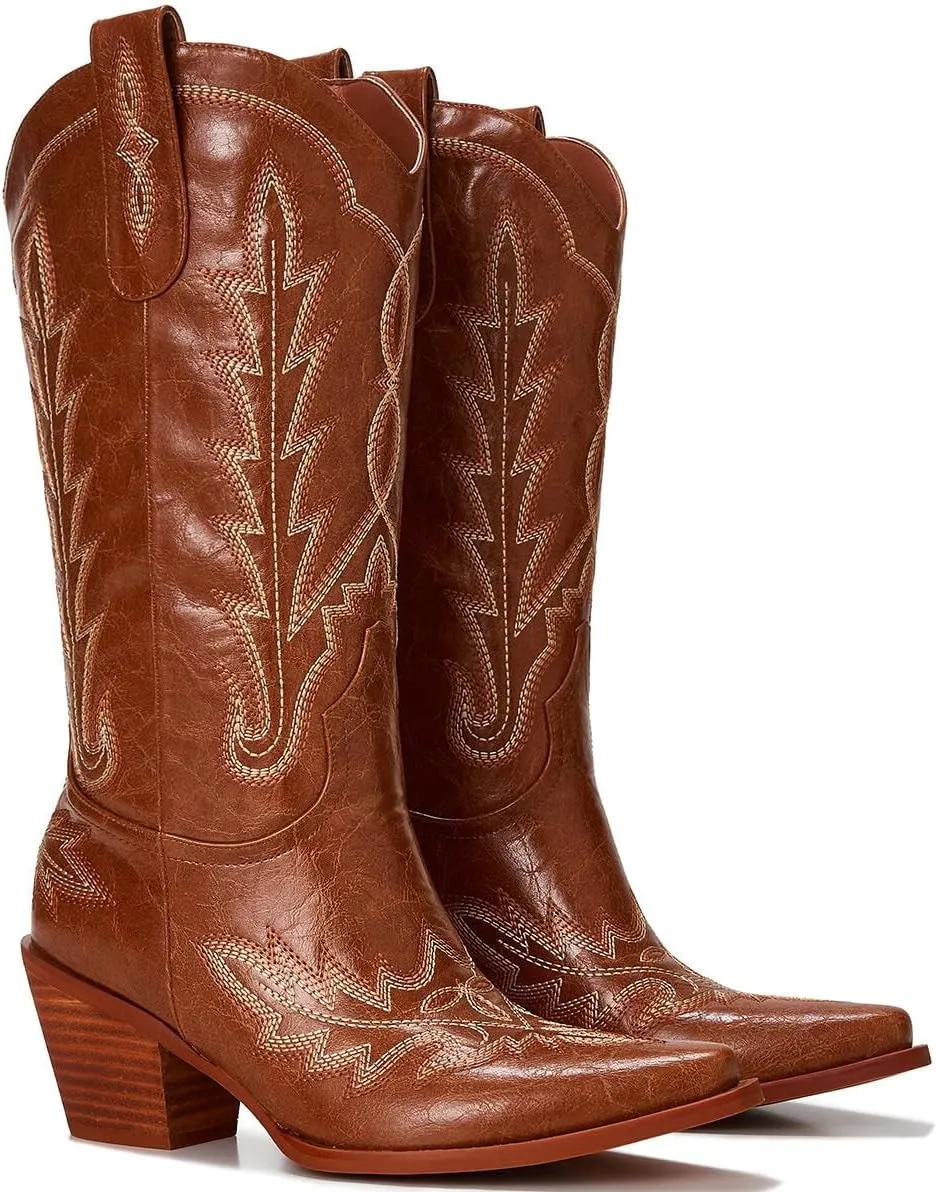Cowgirl Boots Women – Western Mid-Calf Cowboy Boots, Pointy Toe, 3” Chunky Heel Fashion Embroidered Ladies Boots