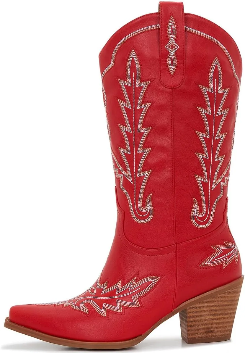 Cowgirl Boots Women – Western Mid-Calf Cowboy Boots, Pointy Toe, 3” Chunky Heel Fashion Embroidered Ladies Boots