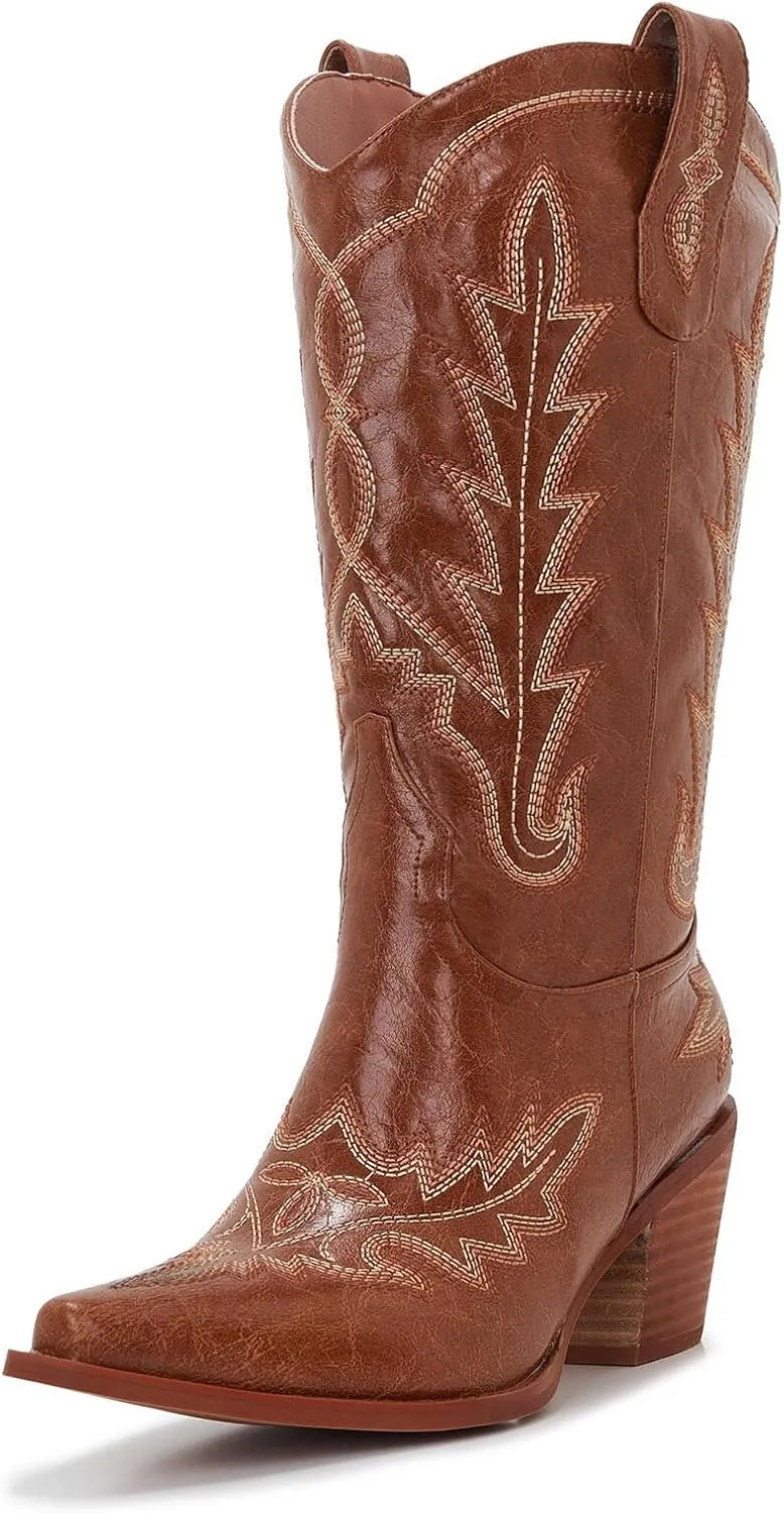 Cowgirl Boots Women – Western Mid-Calf Cowboy Boots, Pointy Toe, 3” Chunky Heel Fashion Embroidered Ladies Boots