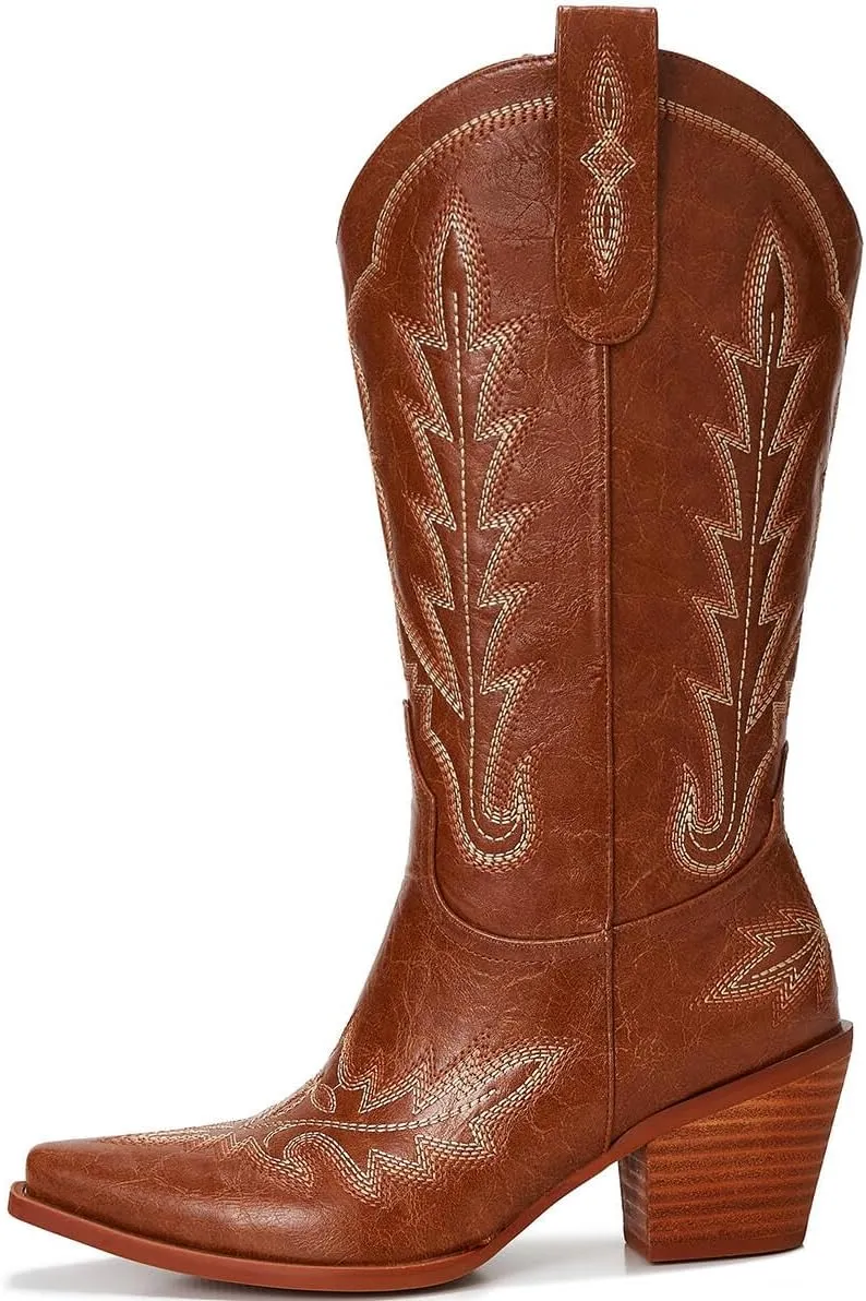 Cowgirl Boots Women – Western Mid-Calf Cowboy Boots, Pointy Toe, 3” Chunky Heel Fashion Embroidered Ladies Boots