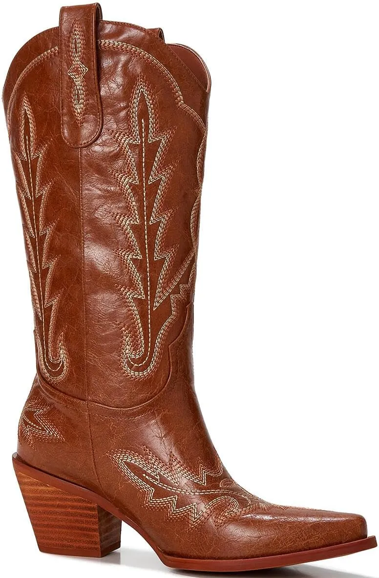 Cowgirl Boots Women – Western Mid-Calf Cowboy Boots, Pointy Toe, 3” Chunky Heel Fashion Embroidered Ladies Boots