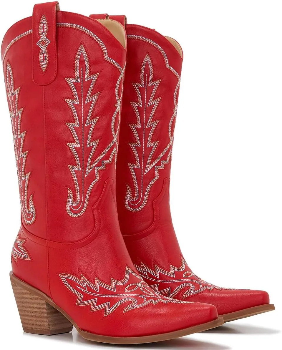 Cowgirl Boots Women – Western Mid-Calf Cowboy Boots, Pointy Toe, 3” Chunky Heel Fashion Embroidered Ladies Boots