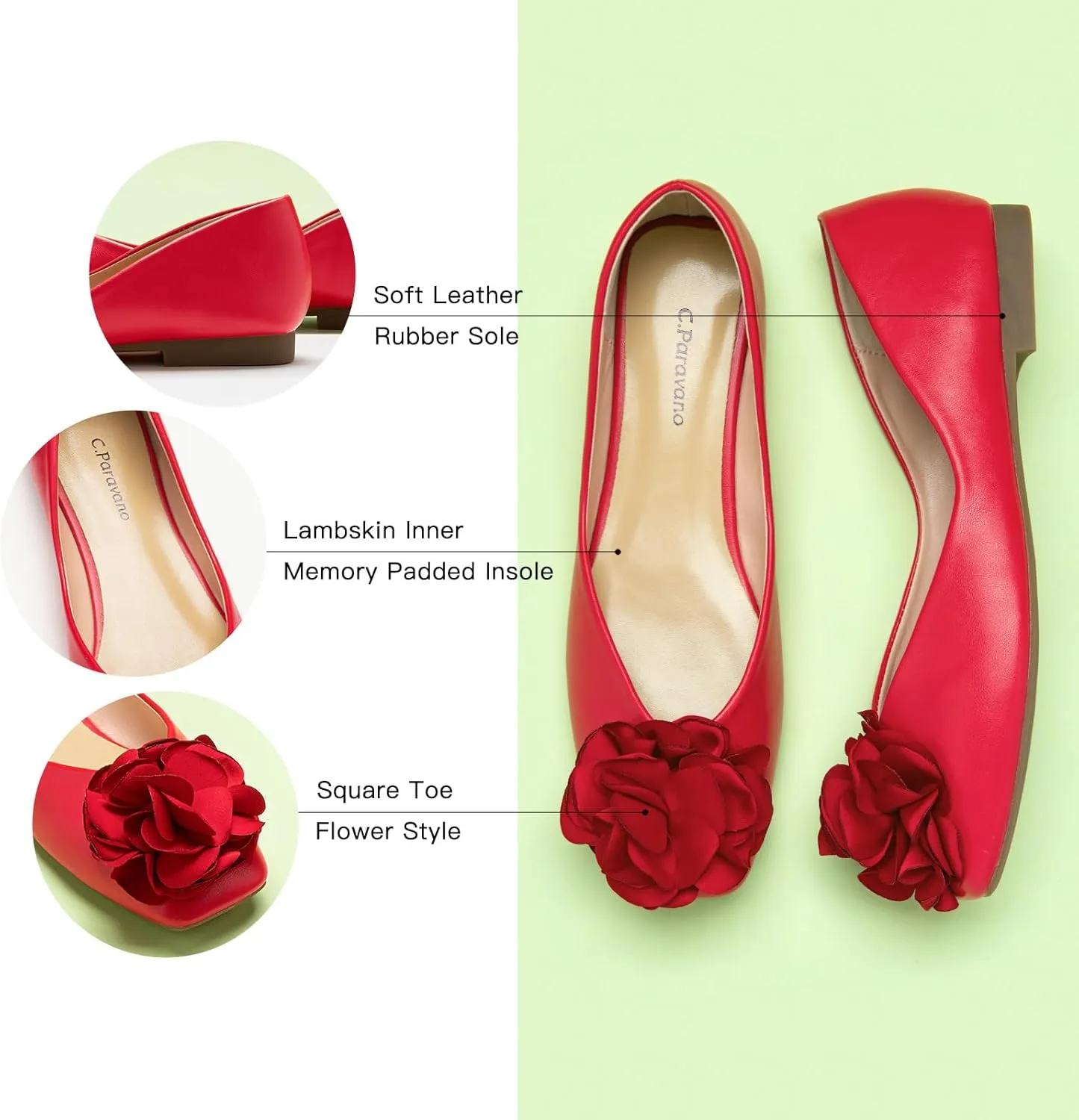 C.Paravano Ballet Flats for Women | Womens Flats Shoes | Square Toe Flats| Women's Flats | Slip On Dress Shoes | Flower Shoes