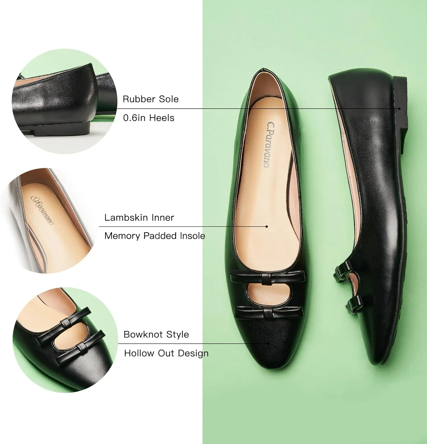 C.Paravano Women's Ballet Flats Bowknot Hollow-Out Design Round Toe Dress Shoes for Women Comfortable Business Office Work Casual Shoes