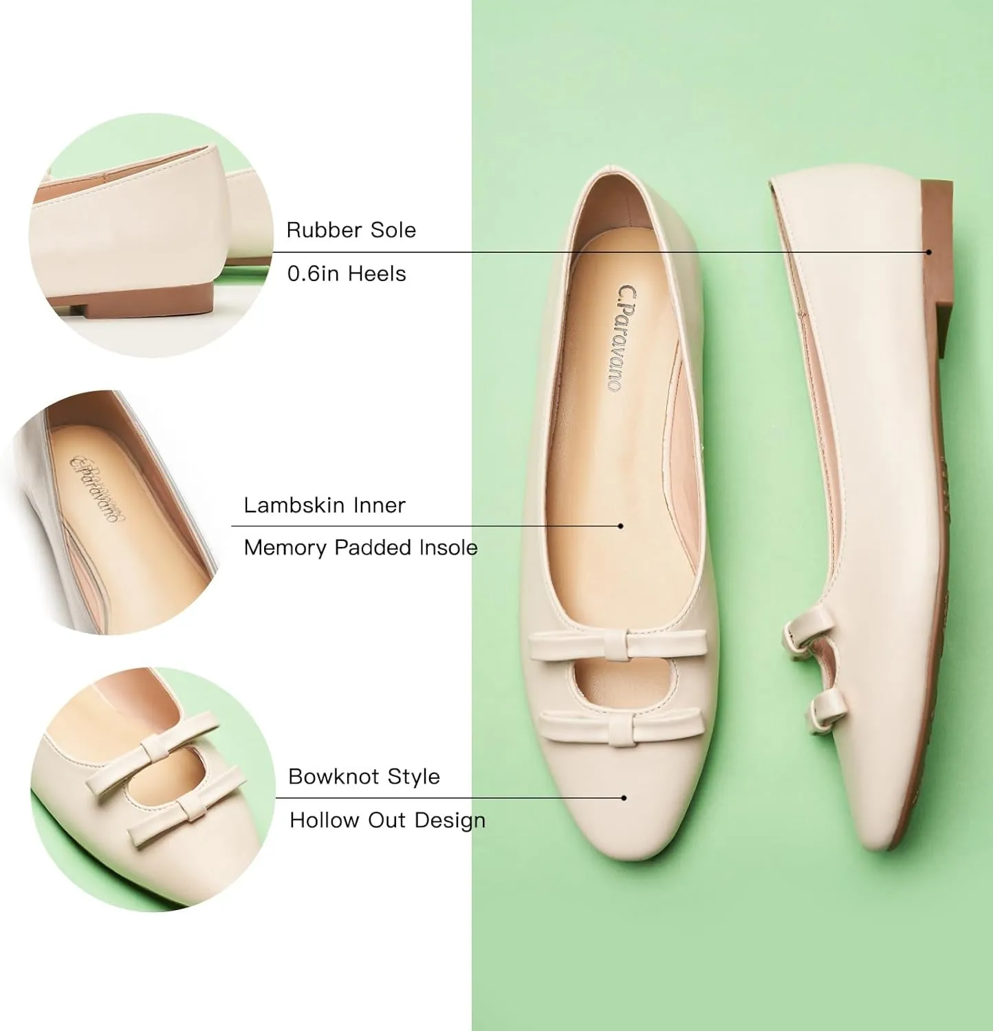 C.Paravano Women's Ballet Flats Bowknot Hollow-Out Design Round Toe Dress Shoes for Women Comfortable Business Office Work Casual Shoes