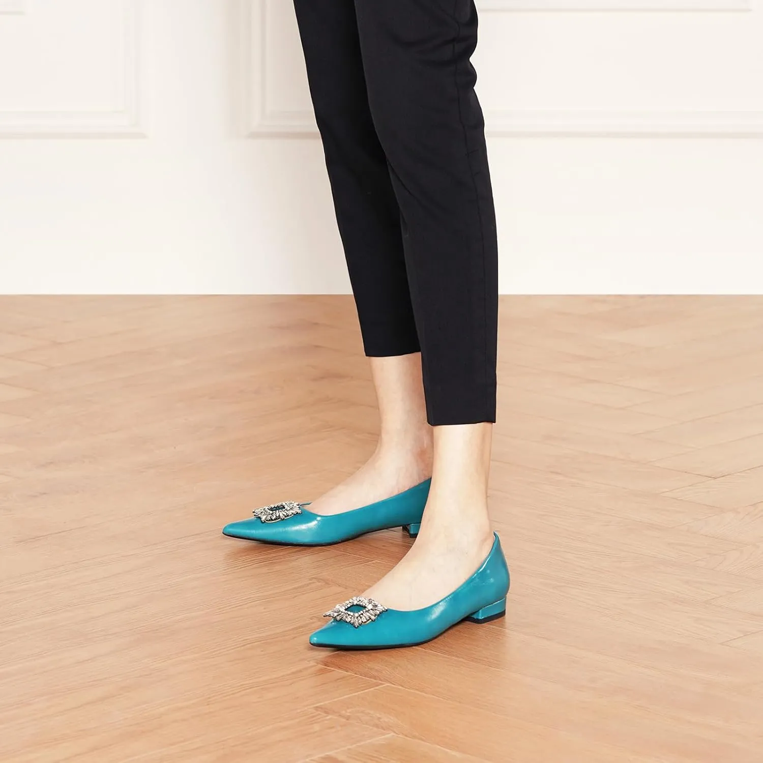 C.Paravano Women's Crystal Buckle Ballet Flats - Pointed Toe Slip On Dressy Shoes