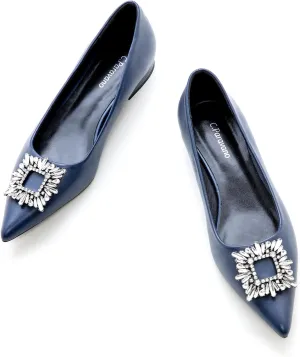 C.Paravano Women's Crystal Buckle Ballet Flats - Pointed Toe Slip On Dressy Shoes