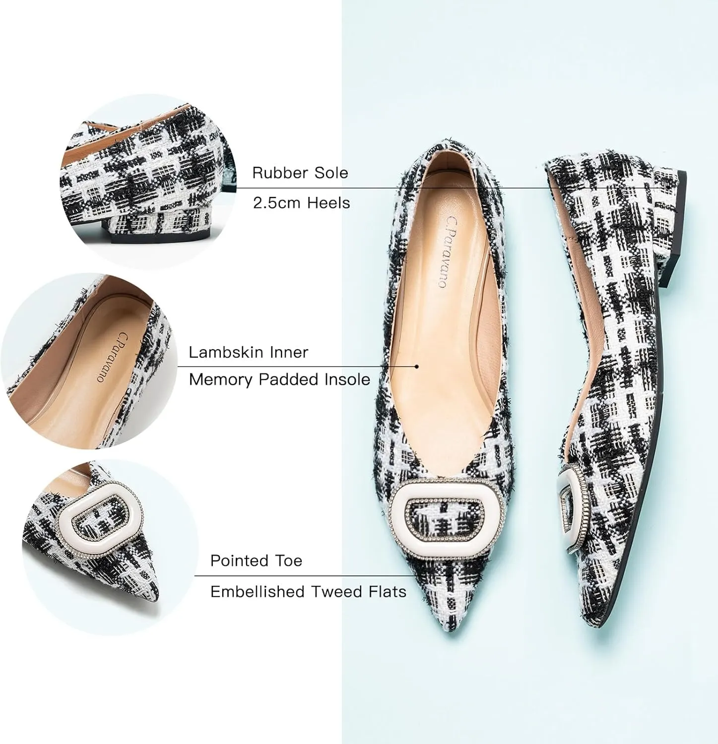C.Paravano Women's Flats Pointed Toe Flats for Women Designer Ballet Flats Leather Flats Shoes for Women Dressy Casual Work Office Party Shoes