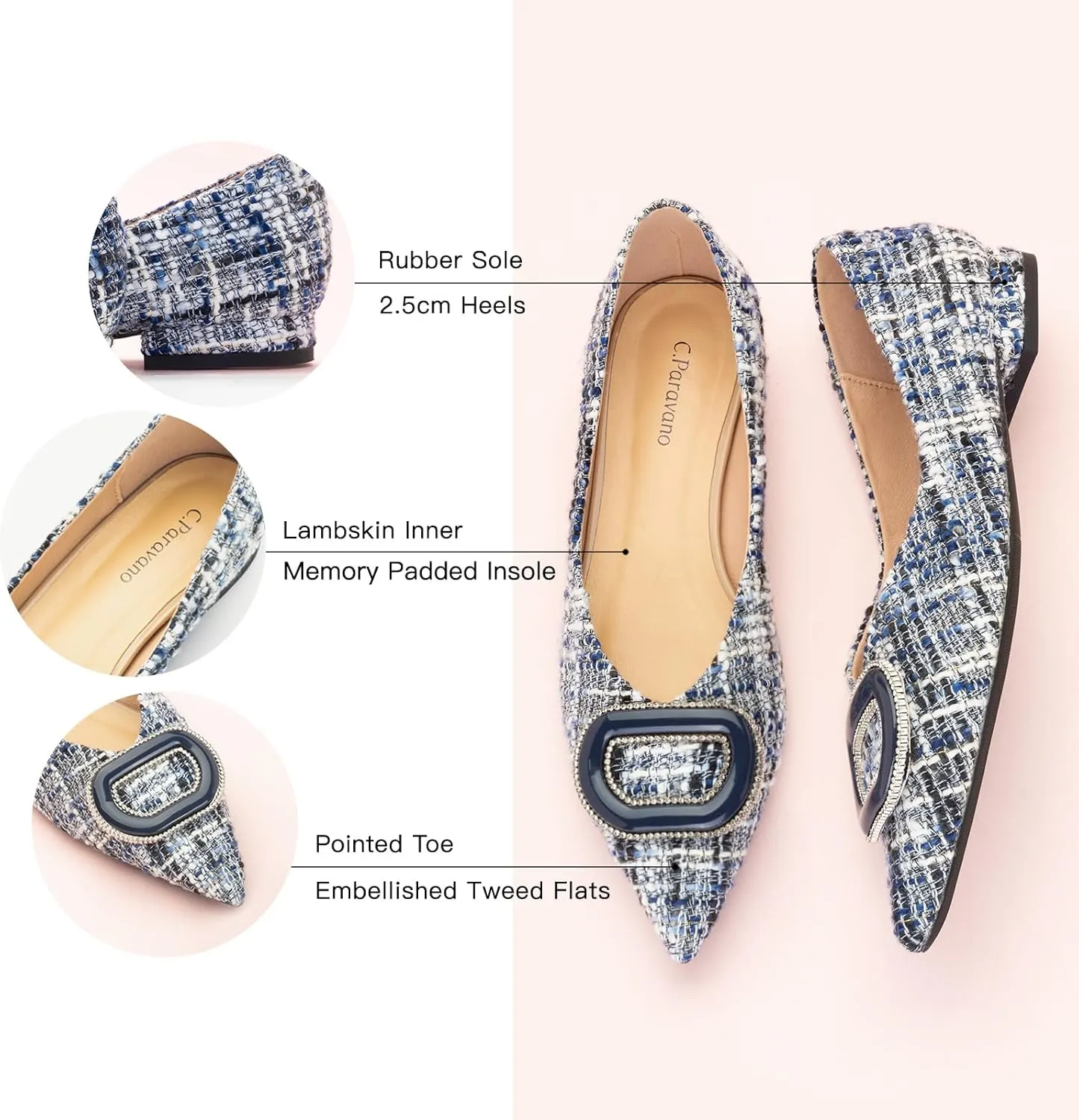 C.Paravano Women's Flats Pointed Toe Flats for Women Designer Ballet Flats Leather Flats Shoes for Women Dressy Casual Work Office Party Shoes