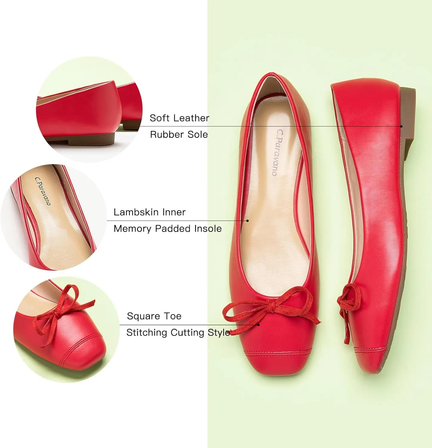 C.Paravano Women's Flats with Bowknot | Casual Slip On Dress Shoes | Comfortable Square Toe Shoes | Women Ballet Flats for Wedding Work Office Business