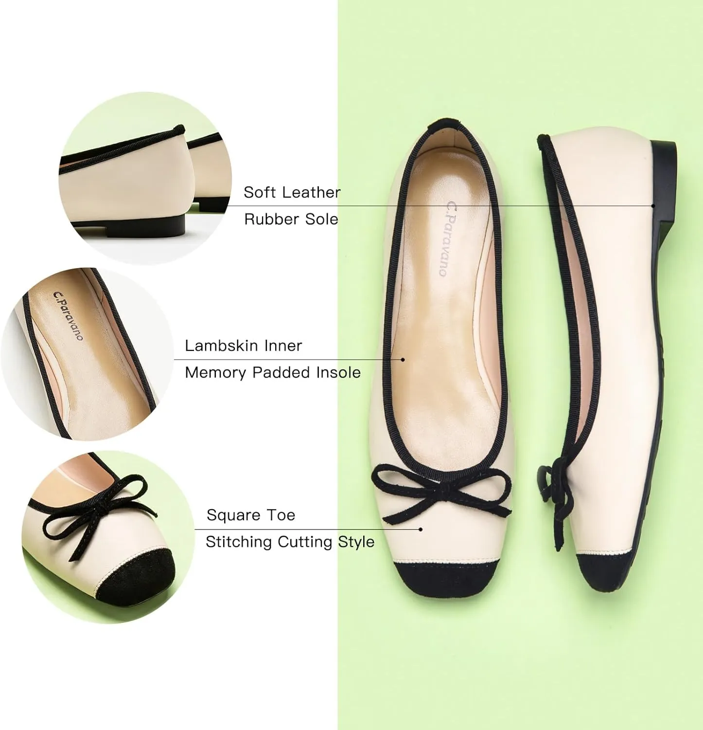C.Paravano Women's Flats with Bowknot | Casual Slip On Dress Shoes | Comfortable Square Toe Shoes | Women Ballet Flats for Wedding Work Office Business