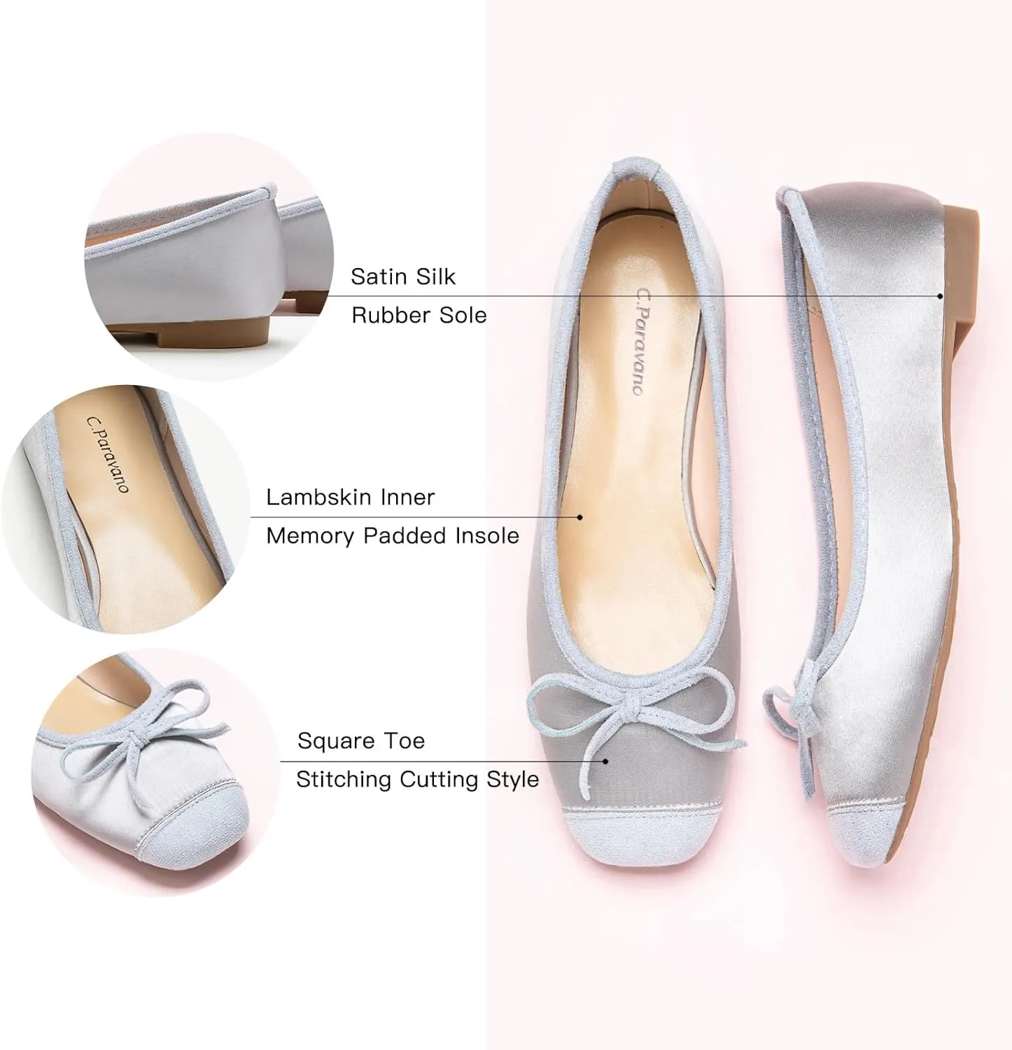 C.Paravano Women's Flats with Bowknot | Casual Slip On Dress Shoes | Comfortable Square Toe Shoes | Women Ballet Flats for Wedding Work Office Business