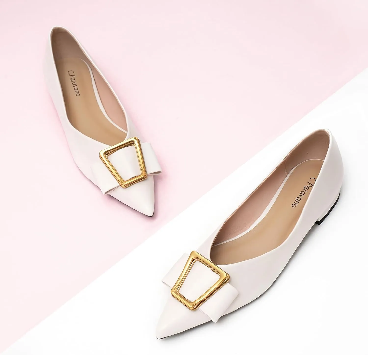 C.Paravano Women’s Pointed Toe Ballet Flats with Metal Buckle | Slip-On Dressy Flats for Women | Comfortable Work Flats | Office, Party, Wedding, Casual Wear Lightweight Women’s Flat Shoes