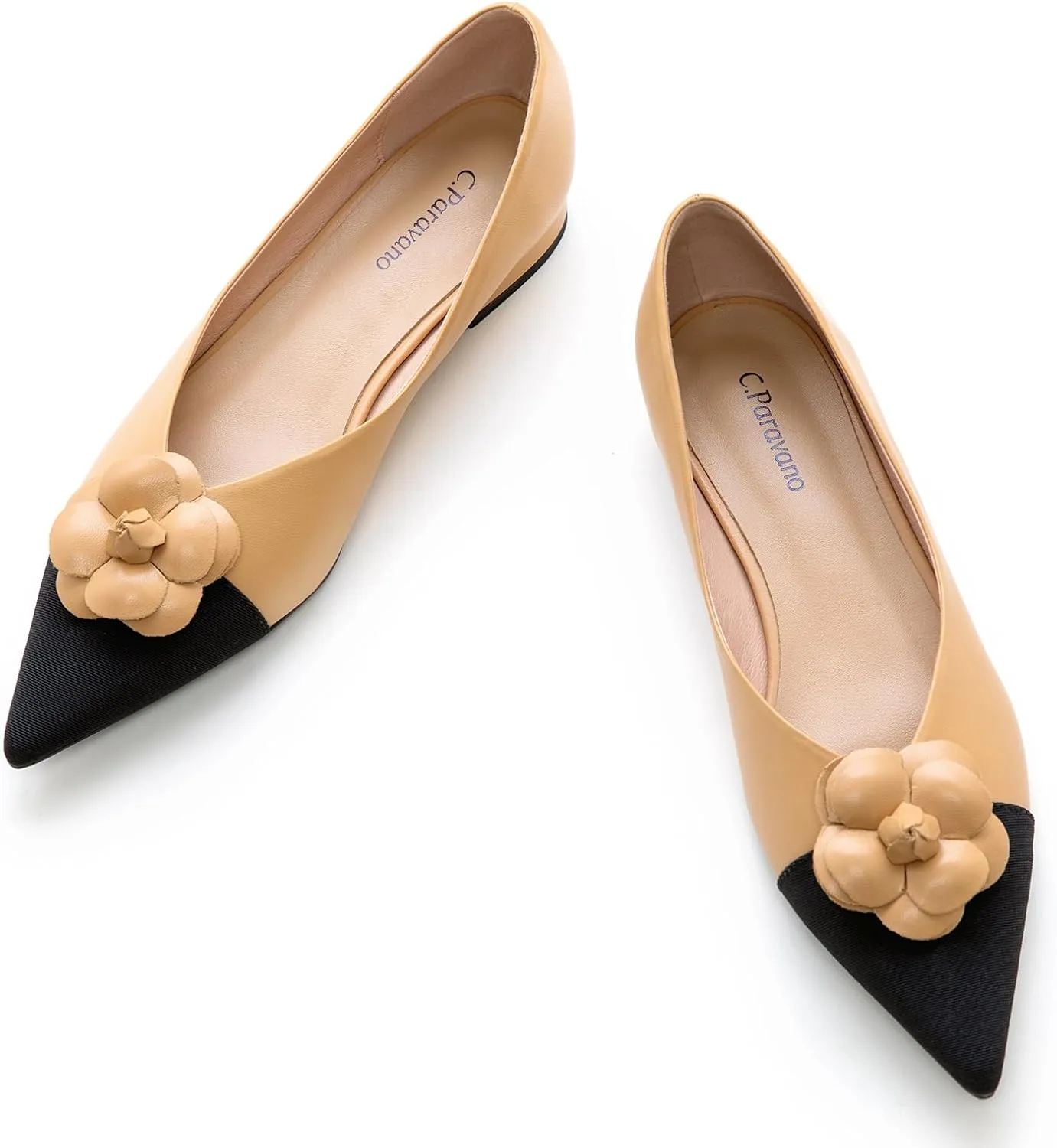 C.Paravano Women's Pointed Toe Two Tone Designer Ballet Flats - Leather Shoes for Dressy Casual Work Office Party