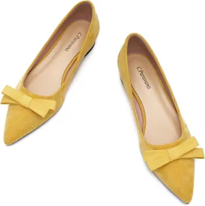 C.Paravano Women's Suede Bow Knot Ballet Flats Pointed Toe Slip-On Comfort Shoes for Casual & Formal Wear(Yellow,Size 5.5