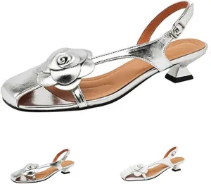 Cubicbee Women's Square Closed Toe Slingbacks Sandals Retro Floral Flat Shoes Sexy Slip On Low Heel Dress Shoes with Metal Decoration Ring