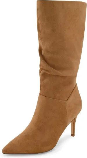 CUSHIONAIRE Women's Hip Slouchy Vegan Suede Mid-Calf Scrunch Boot with Pointed Toe, Memory Foam & 3-Inch Heel | Wide Widths Available