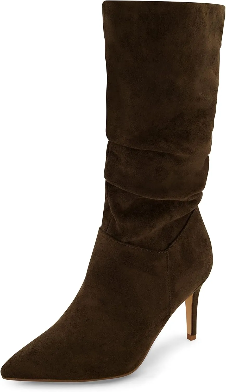 CUSHIONAIRE Women's Hip Slouchy Vegan Suede Mid-Calf Scrunch Boot with Pointed Toe, Memory Foam & 3-Inch Heel | Wide Widths Available