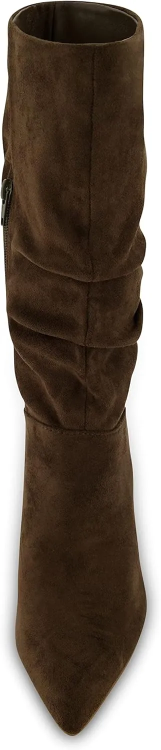 CUSHIONAIRE Women's Hip Slouchy Vegan Suede Mid-Calf Scrunch Boot with Pointed Toe, Memory Foam & 3-Inch Heel | Wide Widths Available
