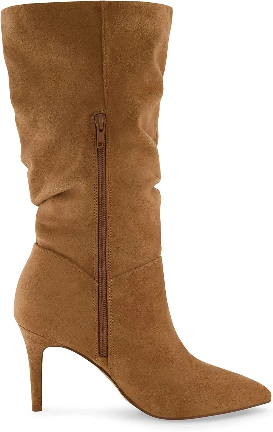 CUSHIONAIRE Women's Hip Slouchy Vegan Suede Mid-Calf Scrunch Boot with Pointed Toe, Memory Foam & 3-Inch Heel | Wide Widths Available