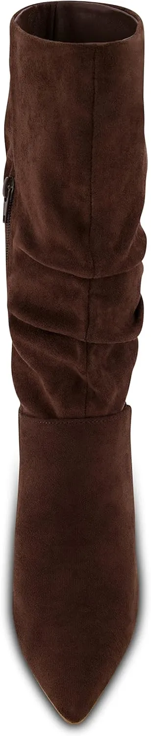CUSHIONAIRE Women's Hip Slouchy Vegan Suede Mid-Calf Scrunch Boot with Pointed Toe, Memory Foam & 3-Inch Heel | Wide Widths Available