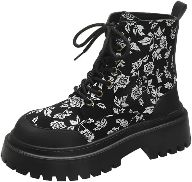 Custom Combat Boots for Women Fashion Lace-Up Pattern Ankle Booties Chunky Heel Platform Leather Boots
