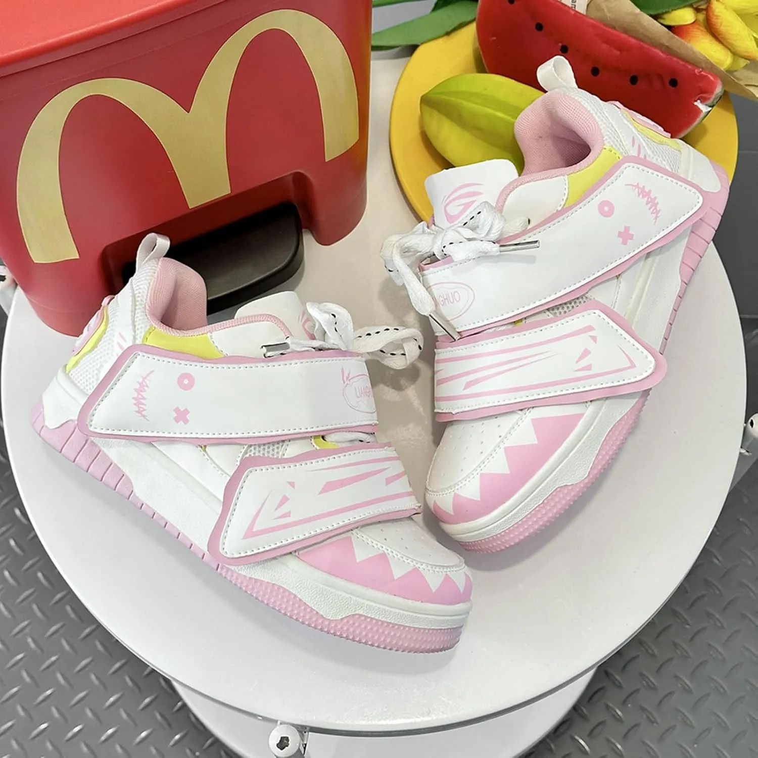 Cute Sneakers for Women Graffiti Smile Hook & Loop Decor Skate Shoes Lace-Up Thick Sole Height Increase Walking Shoes