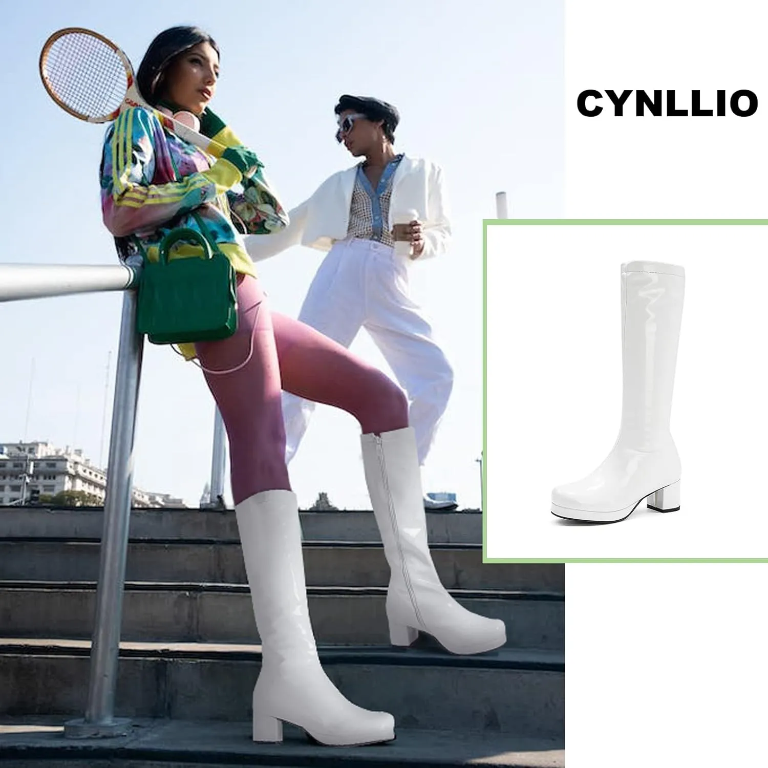 CYNLLIO Mid Calf Boots for Women Chunky High Heels Platform Boots Fashion PU Leather Solid Color Cosplay Dress Boots