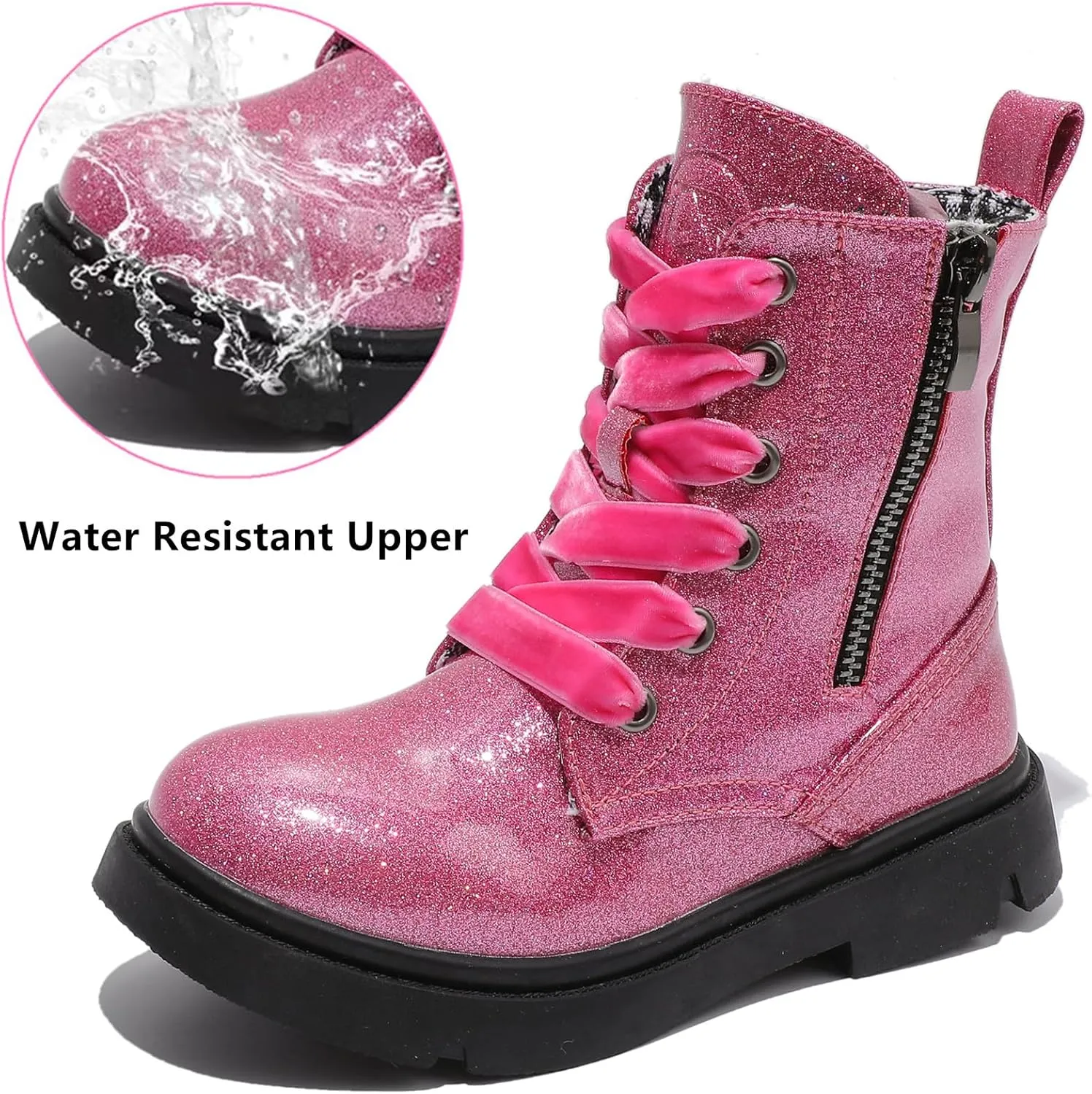 DADAWEN Boys Girls Glitter Ankle Boots Lace Up Waterproof Combat Shoes With Side Zipper for Toddler/Little Kid/Big Kid