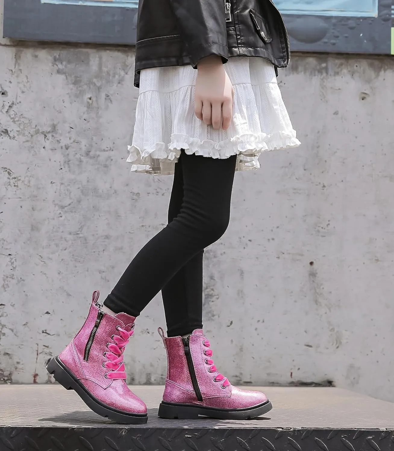 DADAWEN Boys Girls Glitter Ankle Boots Lace Up Waterproof Combat Shoes With Side Zipper for Toddler/Little Kid/Big Kid
