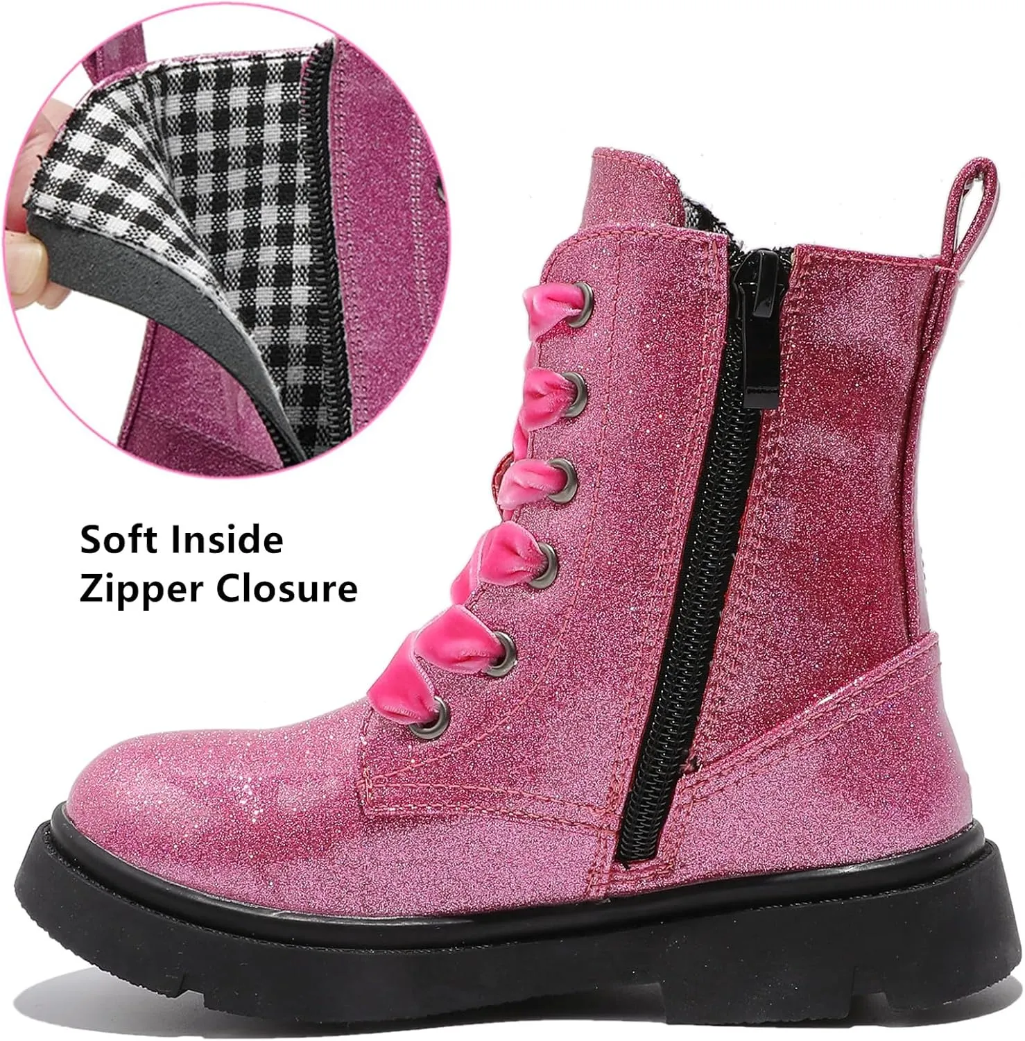 DADAWEN Boys Girls Glitter Ankle Boots Lace Up Waterproof Combat Shoes With Side Zipper for Toddler/Little Kid/Big Kid