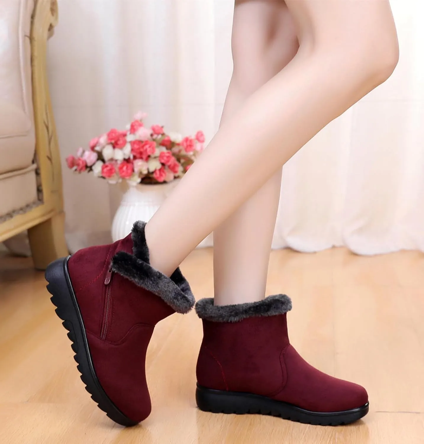 DADAWEN Women's Winter Warm Fur Lined Snow Boots Side Zipper Ankle Boots Outdoor Booties Comfortable Boots for Women