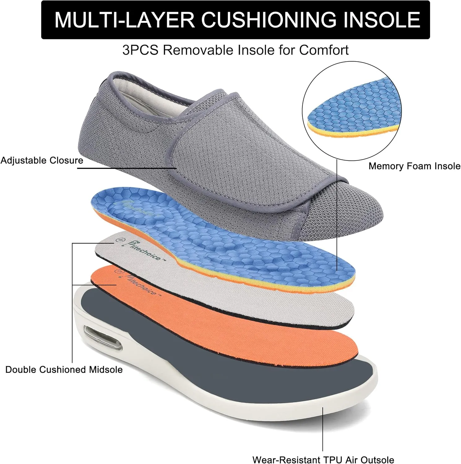 Diabetic Shoes for Men, Wide Width Elderly Men's Shoes, Adjustable Closure Lightweight Breathable, Swollen Feet Walking Edema Sneakers