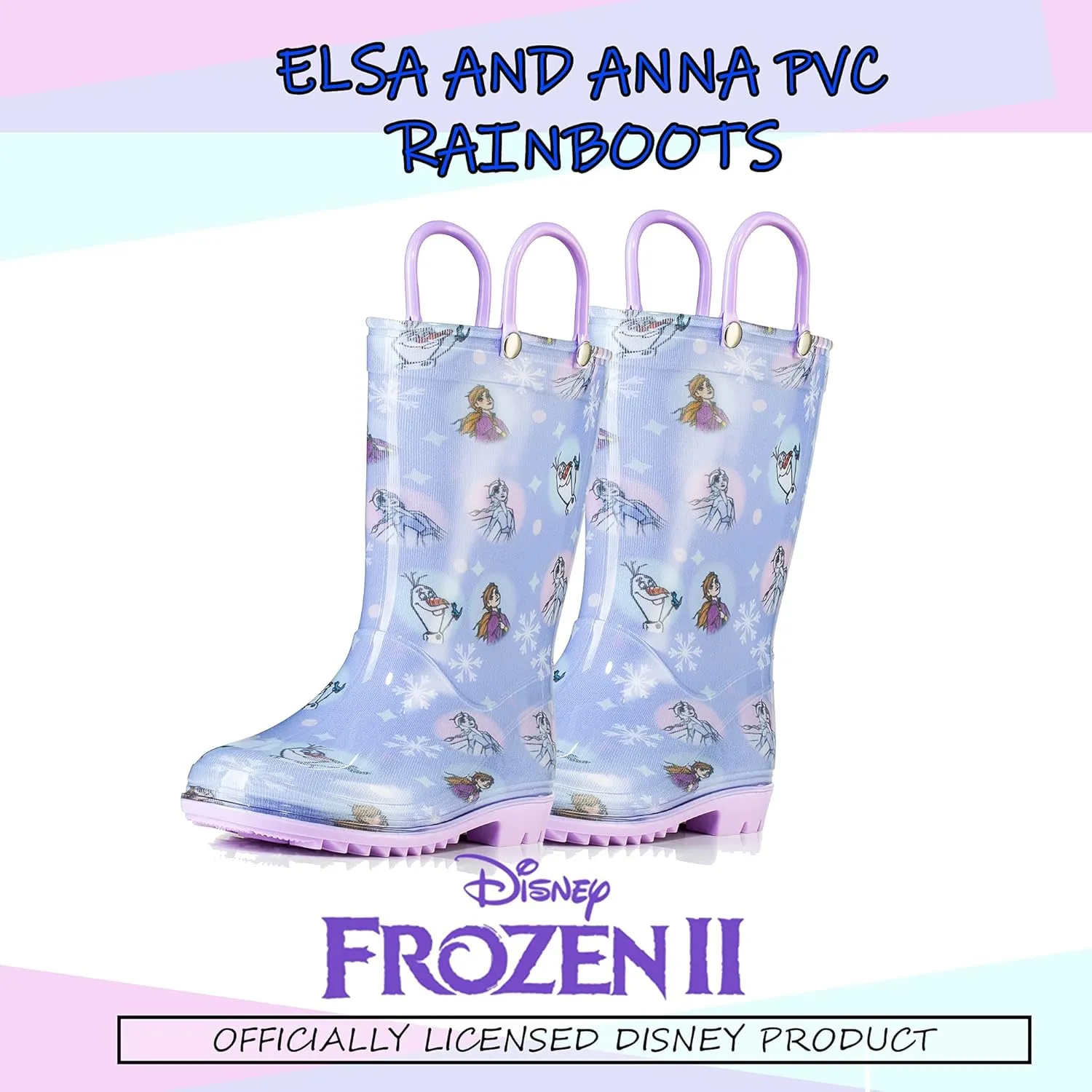 Disney Frozen 2 Girls' Anna, Elsa & Olaf Waterproof PVC Rain Boots with Easy-On Handles – Pink & Purple – Toddler & Little Kid Sizes