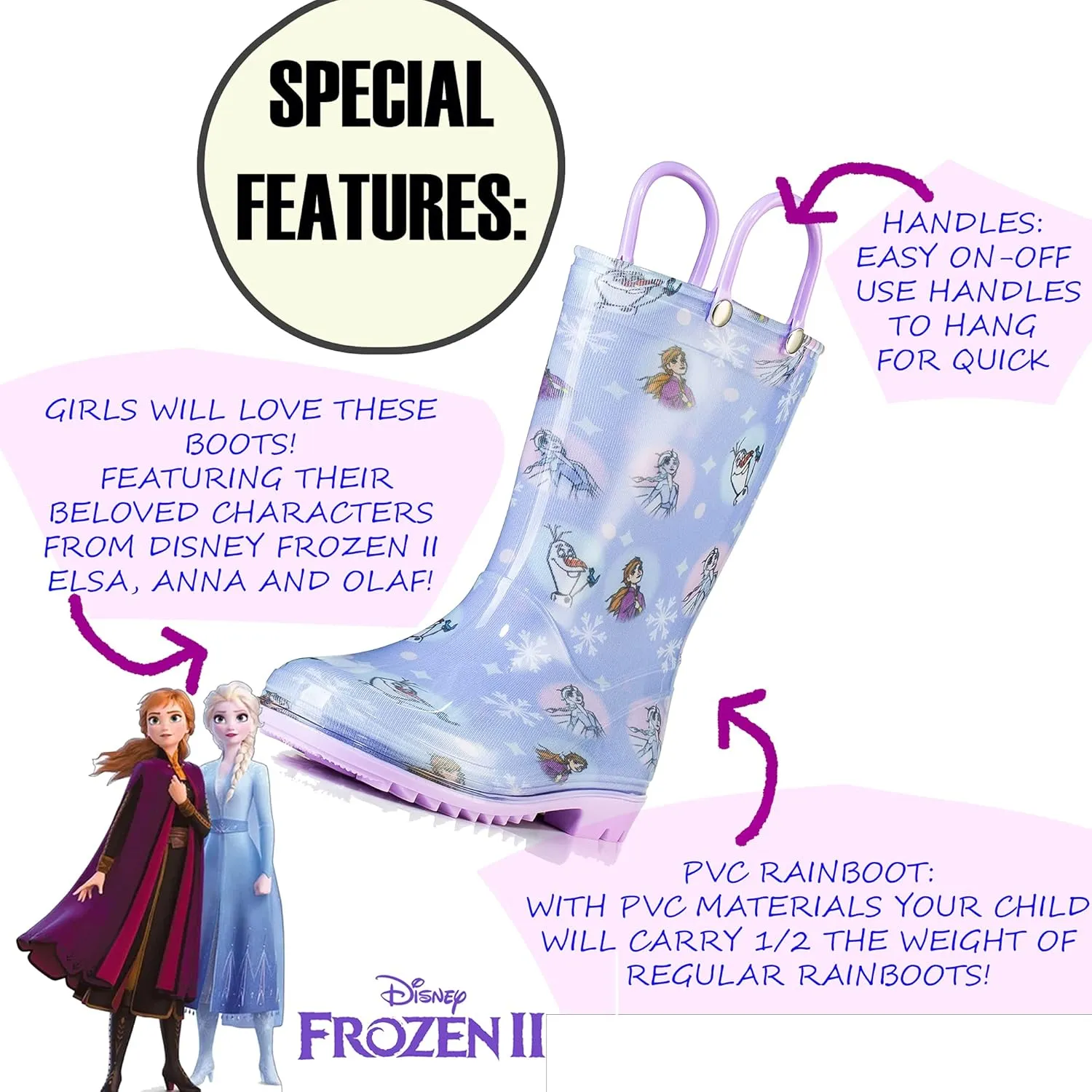 Disney Frozen 2 Girls' Anna, Elsa & Olaf Waterproof PVC Rain Boots with Easy-On Handles – Pink & Purple – Toddler & Little Kid Sizes