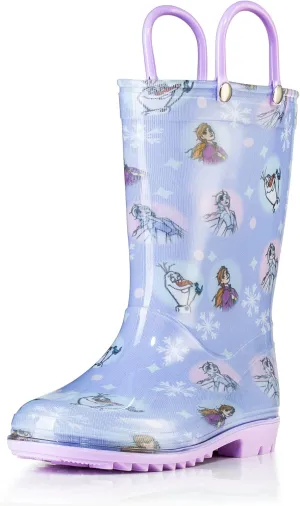 Disney Frozen 2 Girls' Anna, Elsa & Olaf Waterproof PVC Rain Boots with Easy-On Handles – Pink & Purple – Toddler & Little Kid Sizes