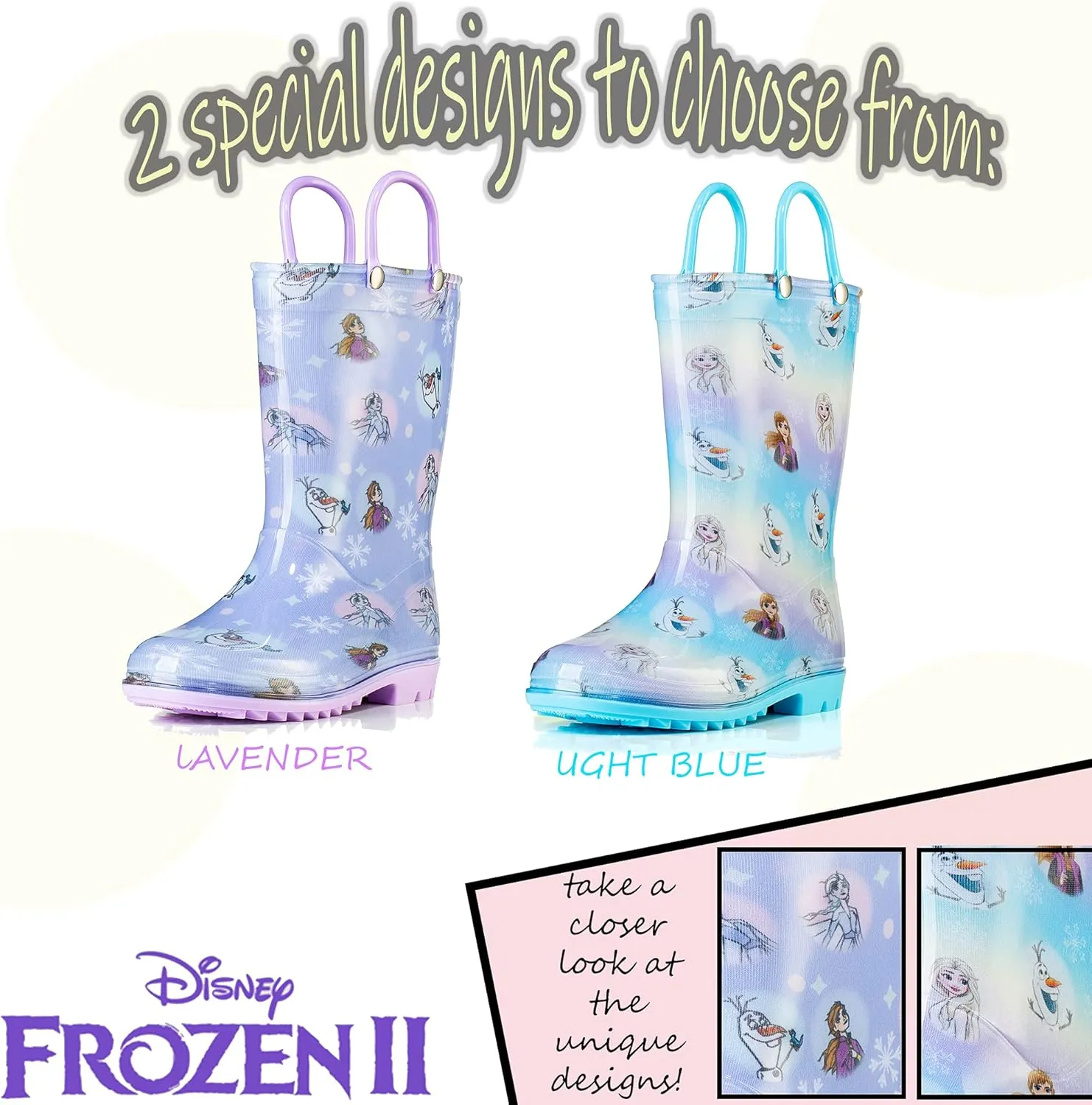Disney Frozen 2 Girls' Anna, Elsa & Olaf Waterproof PVC Rain Boots with Easy-On Handles – Pink & Purple – Toddler & Little Kid Sizes