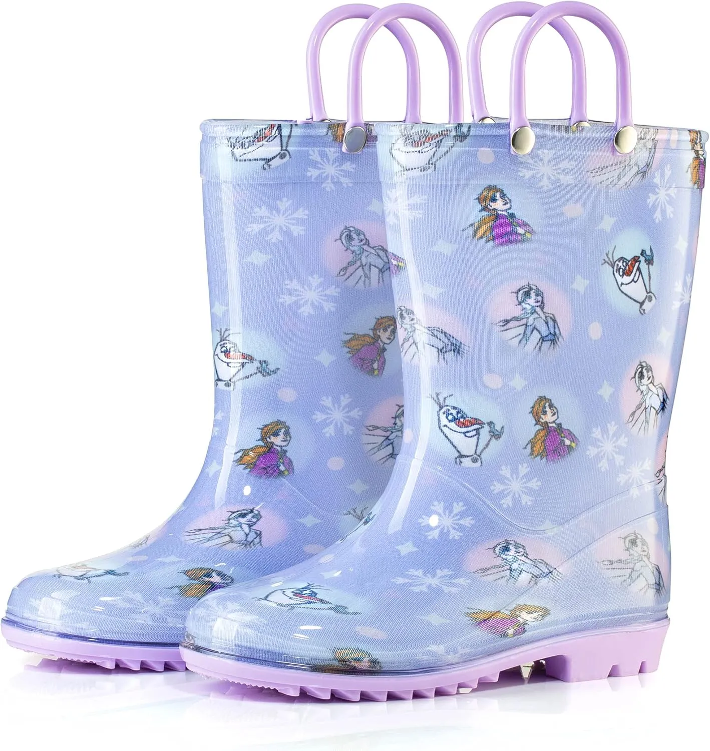Disney Frozen 2 Girls' Anna, Elsa & Olaf Waterproof PVC Rain Boots with Easy-On Handles – Pink & Purple – Toddler & Little Kid Sizes