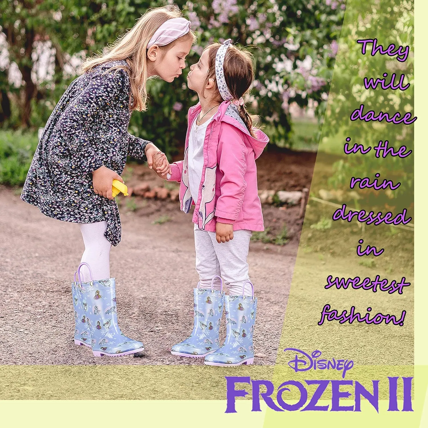 Disney Frozen 2 Girls' Anna, Elsa & Olaf Waterproof PVC Rain Boots with Easy-On Handles – Pink & Purple – Toddler & Little Kid Sizes